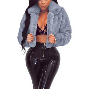 〽️Womens Bluish Grey Ramoug Winter Faux Fur Cropped Shaggy Open Front Jacket